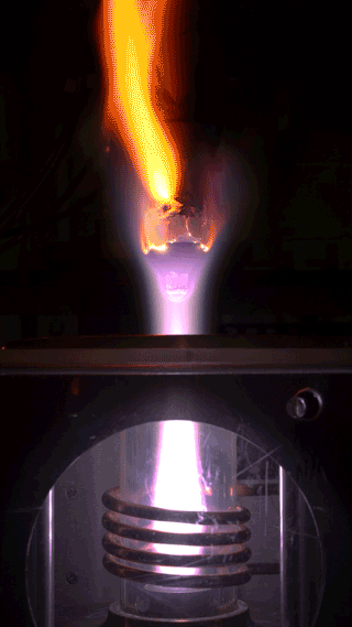 ROASTING, TOASTING — Engineers test a heat-shield material in an inductively coupled plasma torch. The plasma can reach temperatures hotter than the surface of the sun, replicating the intense heat of hypersonic flight. (Video by Craig Fritz)