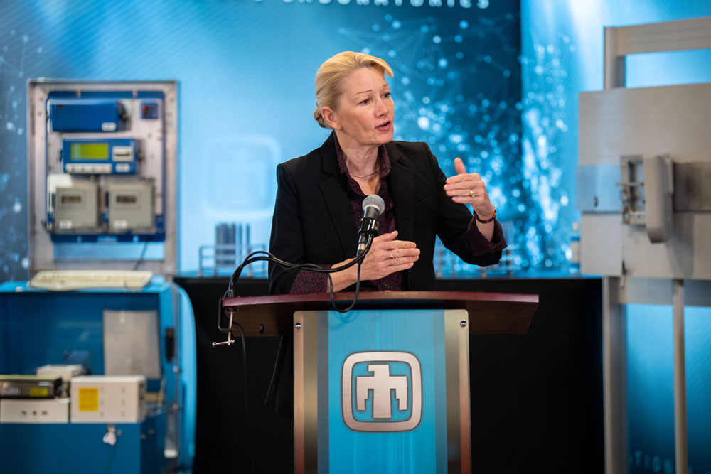 FUNDING REPORT&nbsp;—&nbsp;Labs Director Laura McGill shares 2025 economic impact results with members of the media during a news conference on Jan. 9 at the Center for Global Security and Cooperation.&nbsp;(Photo by Craig Fritz)