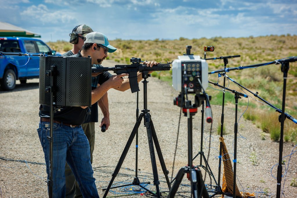 PRECISION SOUND — Matias Roybal and a fellow member of the Ridgeline team conduct high-fidelity acoustic tests on their suppressors with the help of Sandia acoustics and vibration engineers. (Photo by Bret Latter)