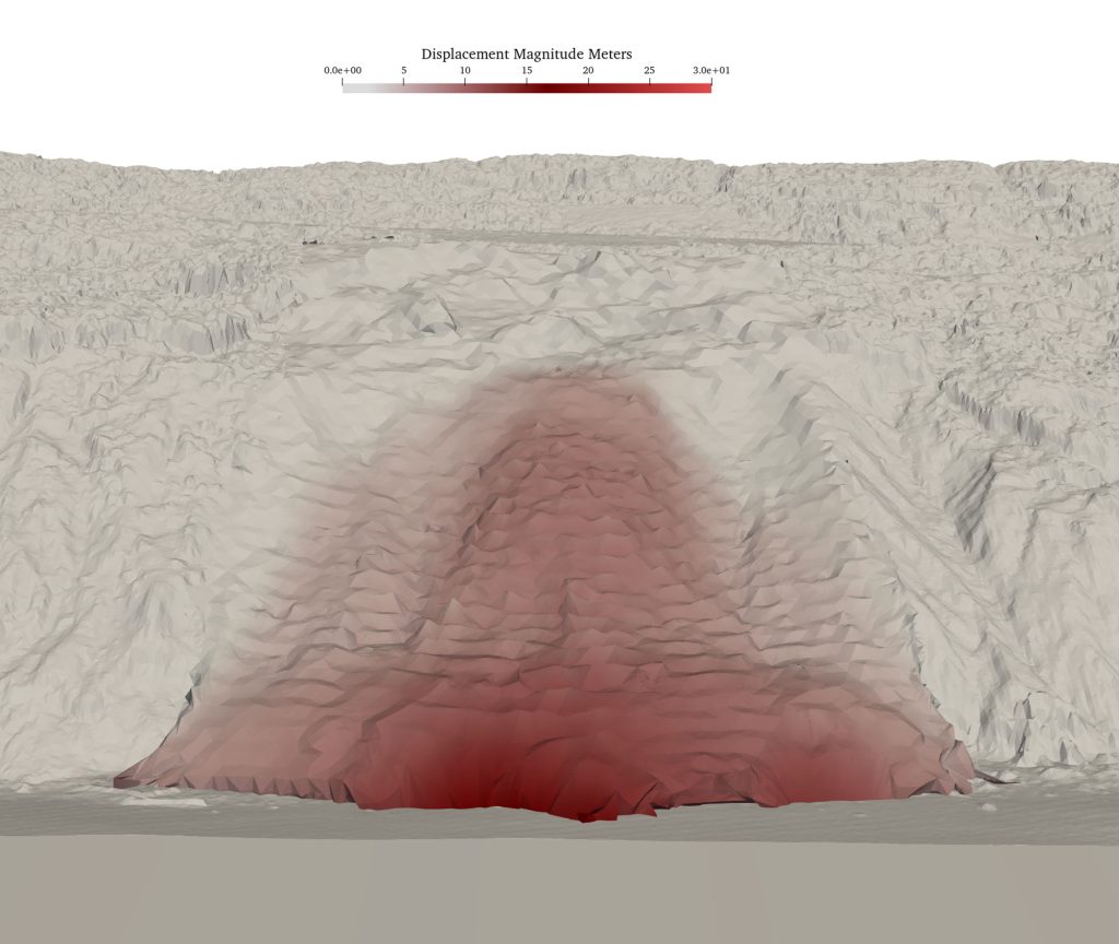 SEEING UNDERGROUND — Simulation of a landslide, conducted using Aperi software, features geometry derived from a high-resolution LiDAR scan of an unstable mountain in Oregon. (Photo courtesy of Aperi)