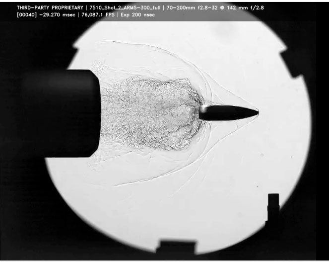 HIGH-SPEED VISUAL — High-speed cameras capture the gas velocities and flow patterns as a bullet is fired through a Ridgeline suppressor, helping to determine gas flow rates inside the suppressor. (Photo courtesy of Ridgeline Manufacturing)