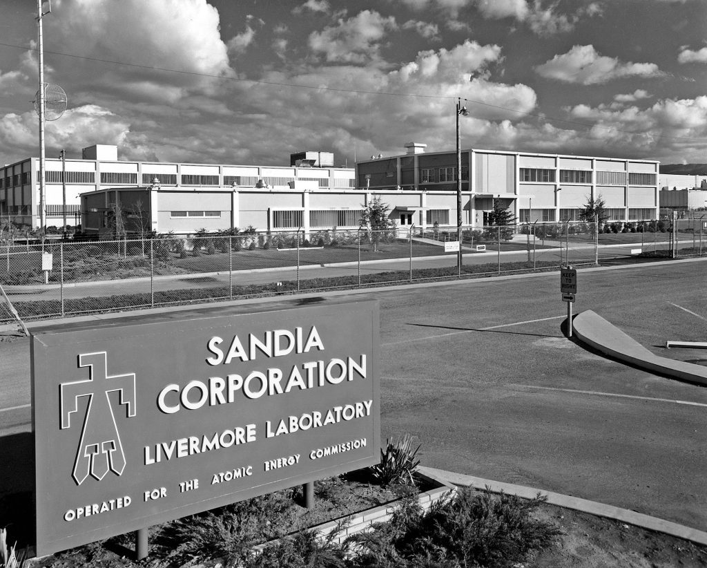 <strong>HISTORY IN THE MAKING</strong> — Historical photo of Sandia California’s original entrance on East Avenue, taken before 1970 when the logo changed to the modern version. The entrance is no longer accessible to traffic, though the buildings are still in use. (Photo courtesy of the Lab News archives)