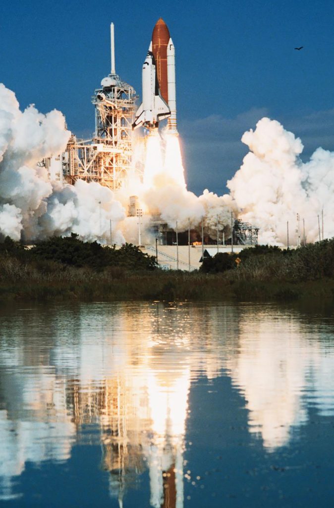 The Space Shuttle Columbia, with a crew of seven and a science module aboard, lifts off from Launch Complex 39 at Kennedy Space Center on Oct. 18, 1993. On Feb. 1, 2003, the shuttle disintegrated as it reentered the atmosphere over Texas and Louisiana, killing all seven astronauts on board. (Photo courtesy of NASA)