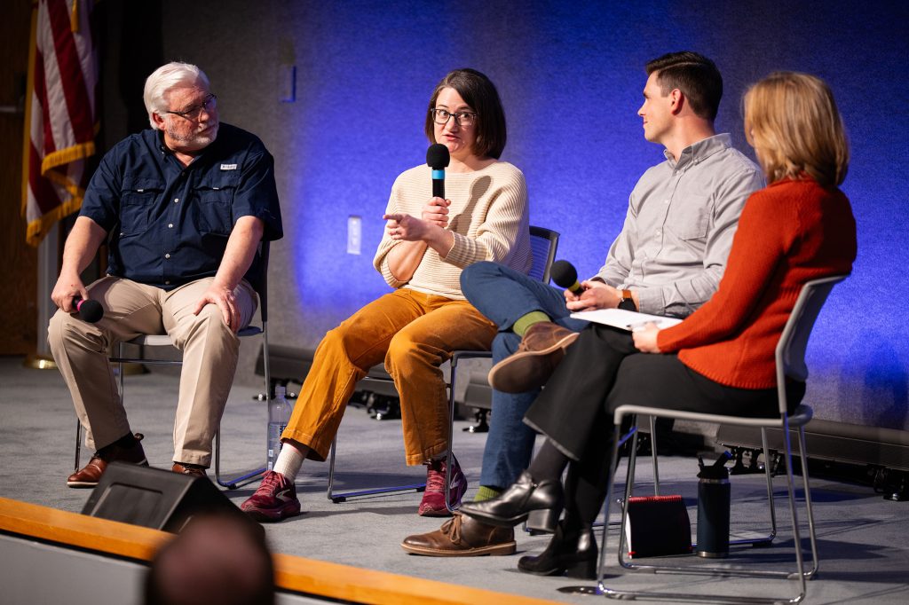 <strong>PANEL REFLECTIONS</strong> — From left, engineers Phil Huffman, Kelsey Forsberg, Derek Black and moderator Elizabeth Roll reflect on the challenges and wins of their careers, and the evolution of engineering at Sandia during National Engineers Week on Feb. 24. Staff can watch the <a href="https://tiny.sandia.gov/engineers-panel">recording</a> in the Digital Media Library. (Photo by Craig Fritz)