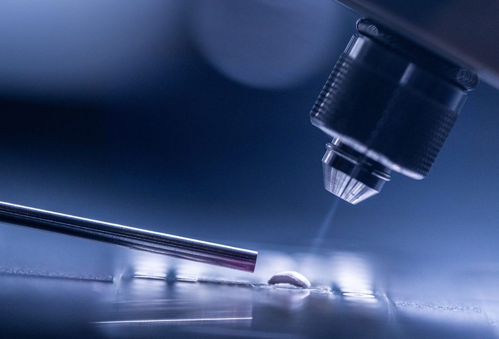 <strong>CAPTURING IONS</strong>&nbsp;—&nbsp;An adsorbent particle containing the analyte of interest is sprayed with charged droplets which splash off the surface and are captured by a metal tube and carried into a mass spectrometer for analysis. This process is known as desorption electrospray ionization.&nbsp;(Photo by Craig Fritz)