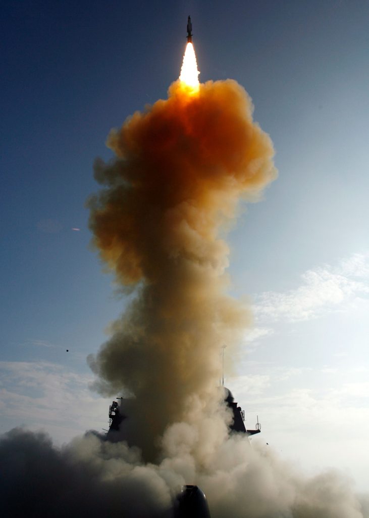 <strong>MISSION ACCOMPLISHED</strong> — The USS Lake Erie (CG 70) launches a Standard Missile-3 at a non-functioning National Reconnaissance Office satellite as it travels in space at more than 17,000 mph over the Pacific Ocean on Feb. 20, 2008. The objective was to rupture the satellite's fuel tank to dissipate the approximately 1,000 pounds (453 kilograms) of hazardous hydrazine fuel, before it entered Earth's atmosphere. (Photo by the U.S. Navy)
