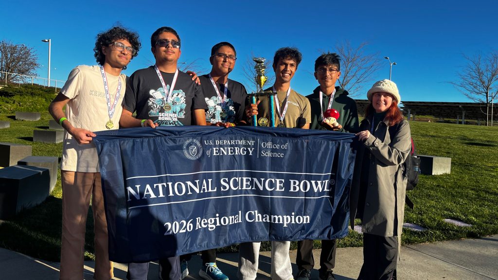 <strong>CALIFORNIA REGIONAL SCIENCE BOWL WINNER</strong><em> — </em>Sandia also sponsors the DOE Regional Science Bowl in Livermore. This year’s winner was Mission San Jose High School from Fremont, California including, from left, Roshan Annamalai, Rutvik Arora, Anish Agarwal, Advaith Mopuri,&nbsp;Theenash Sengupta and Dorota Sawicka. (Photo by Ray Ng)