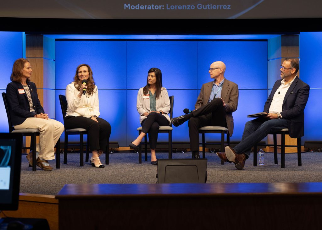 <strong>ASTONISHING RESULTS</strong> — Lorenzo Gutierrez, far right, moderates a panel discussion during a summit for artificial intelligence at the Steve Schiff Auditorium. Panel participants included, from left, Tina Nenoff, Chrisma Jackson, Amanda Dodd and Carl Vanecek. (Photo by Alicia Bustillos)
