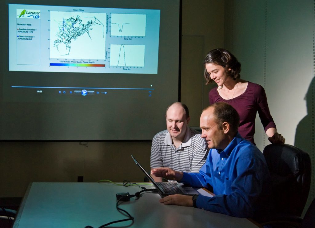 <strong>REAL-TIME DATA MEETS RAPID RESPONSE</strong>— Sandia researchers work on the CANARY Event Detection Software.<br>(Photo by Randy Montoya)