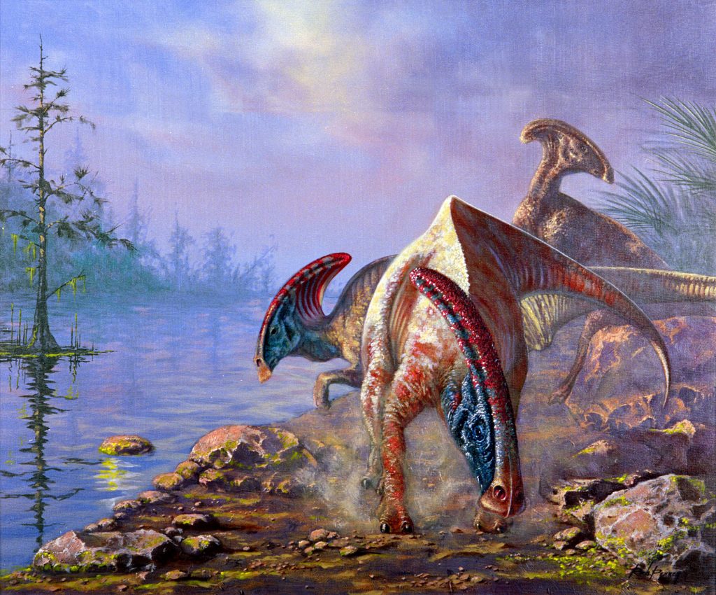<strong>DINO FAM</strong> — Family of Parasaurolophus dinosaurs by paleo-artist Rich Penney.