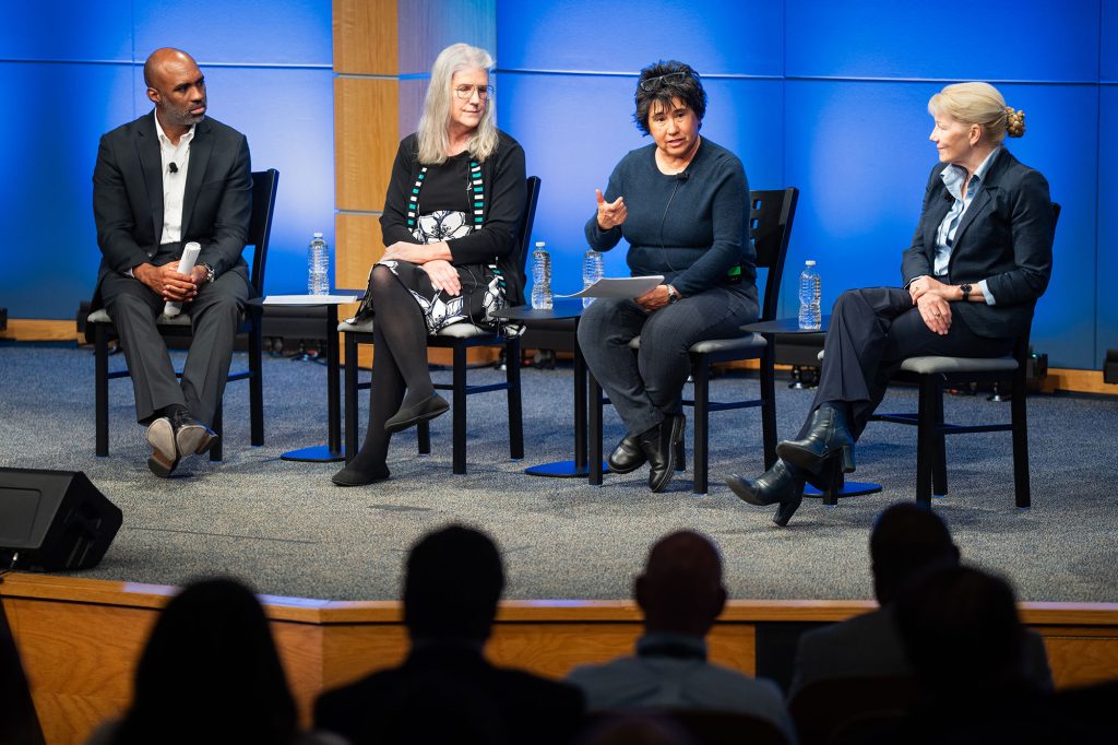 <strong>REAL-WORLD EXPERIENCE </strong>— Deputy Labs directors, from left, David Gibson, Deborah Frincke and Rita Gonzales along with Labs Director Laura McGill, right, heard employees’ perspectives on working at Sandia and answered questions during the Employee Experience Town Hall on April 15 in Steve Schiff Auditorium. (Photo by Craig Fritz)