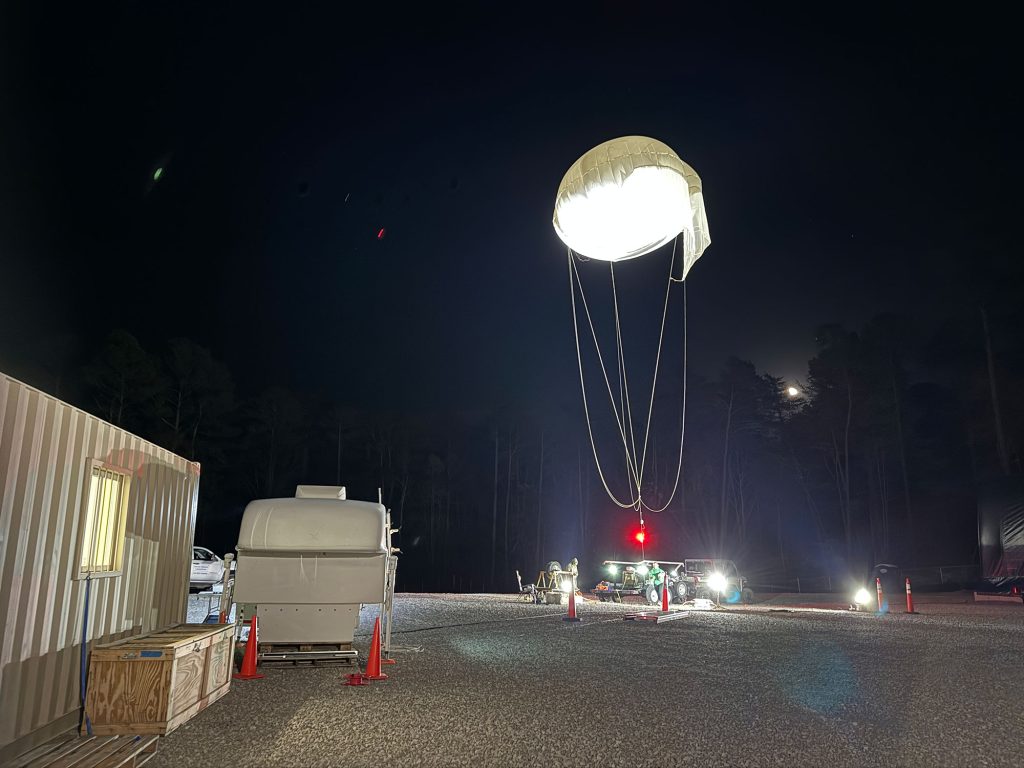 <strong>IN ACTION</strong> — The tethered balloon system being launched for a night flight at the Atmospheric Radiation Measurement Bankhead National Forest user facility in Moulton, Alabama. (Photo by Antigravity Films)