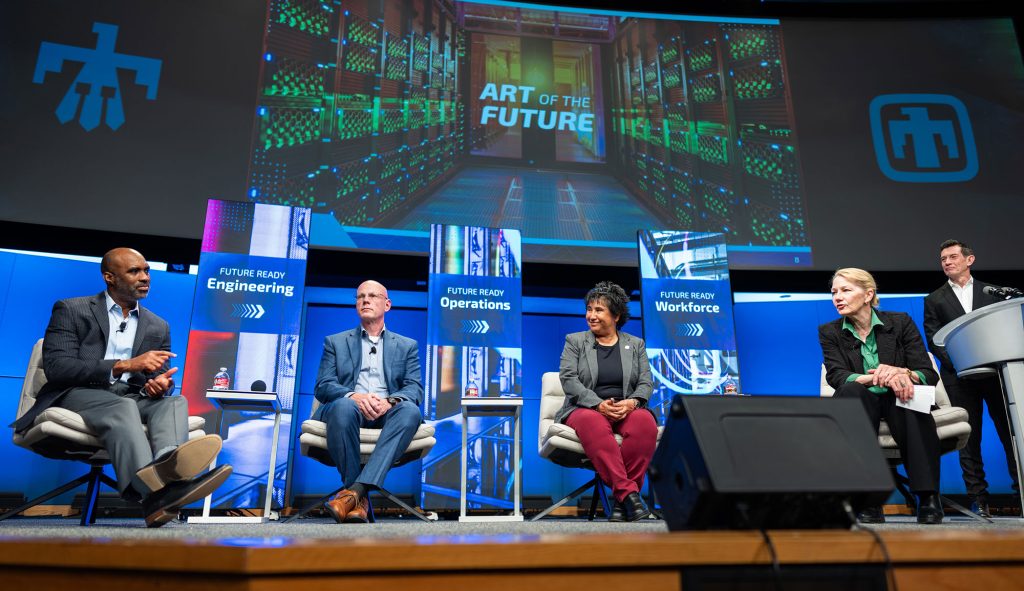 <strong>FUTURE PLANS</strong> — From left, Deputy Labs Director David Gibson, Executive Director and Chief Human Resources Officer Brian Carter, Deputy Labs Director Rita Gonzales and Labs Director Laura McGill answer questions from staff following a presentation about progress on Sandia’s goals during an all hands, May 11 in the Steve Schiff Auditorium. Communications specialist Myles Copeland, far right, emceed the event. The Art of the Future event offered updates on the Labs’ pursuit of Future Ready Engineering, Future Ready Operations and a Future Ready Workforce, which were <a href="https://www.sandia.gov/labnews/2026/01/29/ready-for-the-future/">introduced in January</a> as Labswide goals. Sandia staff can watch the <a href="https://digitalmedia.sandia.gov/Mediasite/Play/69b3b3bac1694fb0b7e5be0a60e23e3d1d">recording</a>. (Photo by Craig Fritz)