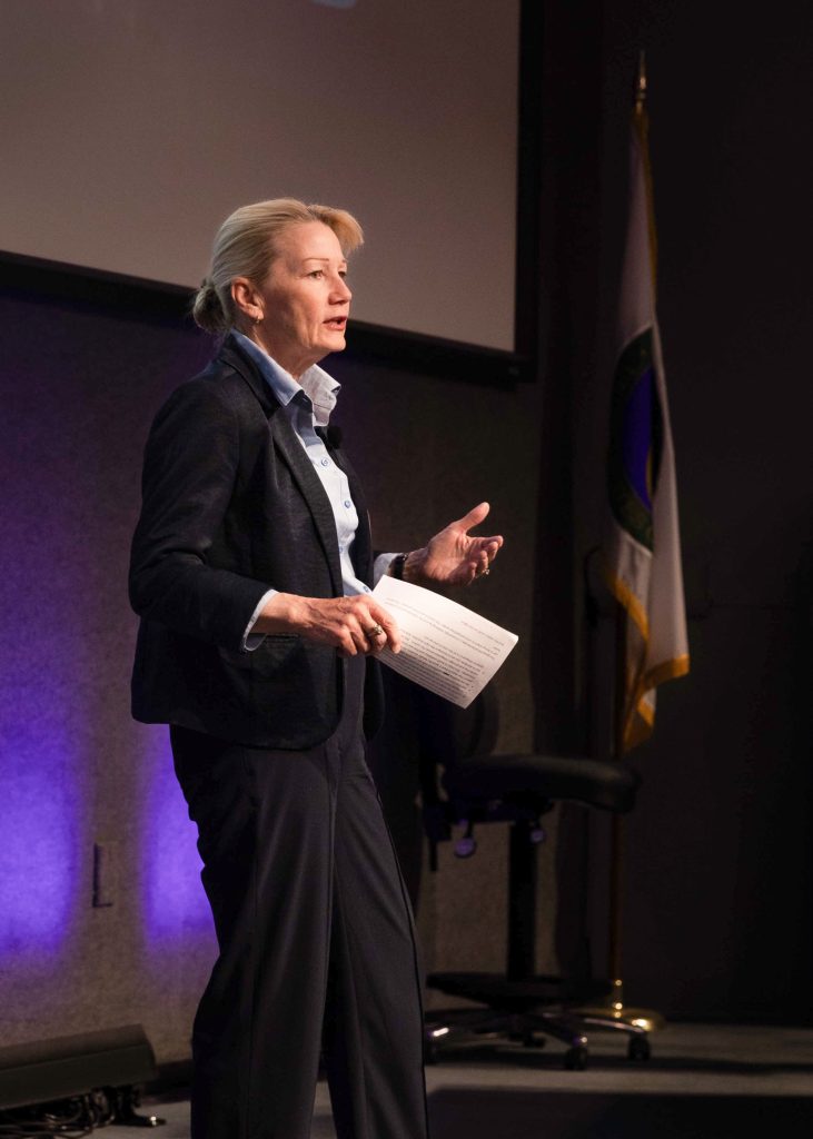 <strong>LEADING IN SYSTEMS INTEGRATION</strong>&nbsp;—&nbsp;Labs Director Laura McGill talks about Sandia’s role as lead systems integrator during an all-hands meeting in March. “We are uniquely situated to serve this role. Sandia is the lab that’s primarily focused on engineering in the nuclear security enterprise, and we work directly with the military services to understand their operational constraints. We’re experienced in translating leading-edge science and technology and making it work in a complex system,” she said. “It’s important to live up to our expectations as lead systems integrator in the enterprise.” &nbsp;(Photo by Alicia Bustillos)<br>