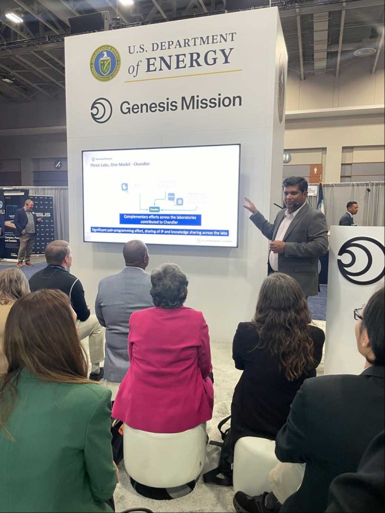 <strong>FEDERATED LLMS FOR SECURE DATA</strong> —Sandia computer scientist Siva Rajamanickam gives a talk on the Federated LLMs for Secure NNSA National Security Data. (Photo by Heidi Komkov)