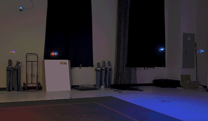 <strong>TAG, YOU’RE IT</strong> —Autonomous drones with blue lights, taught using Sandia’s reinforcement learning algorithms, cooperate to cause the pursuing drones with red lights to crash into each other, winning at a version of tag. (Video courtesy of Sandia)