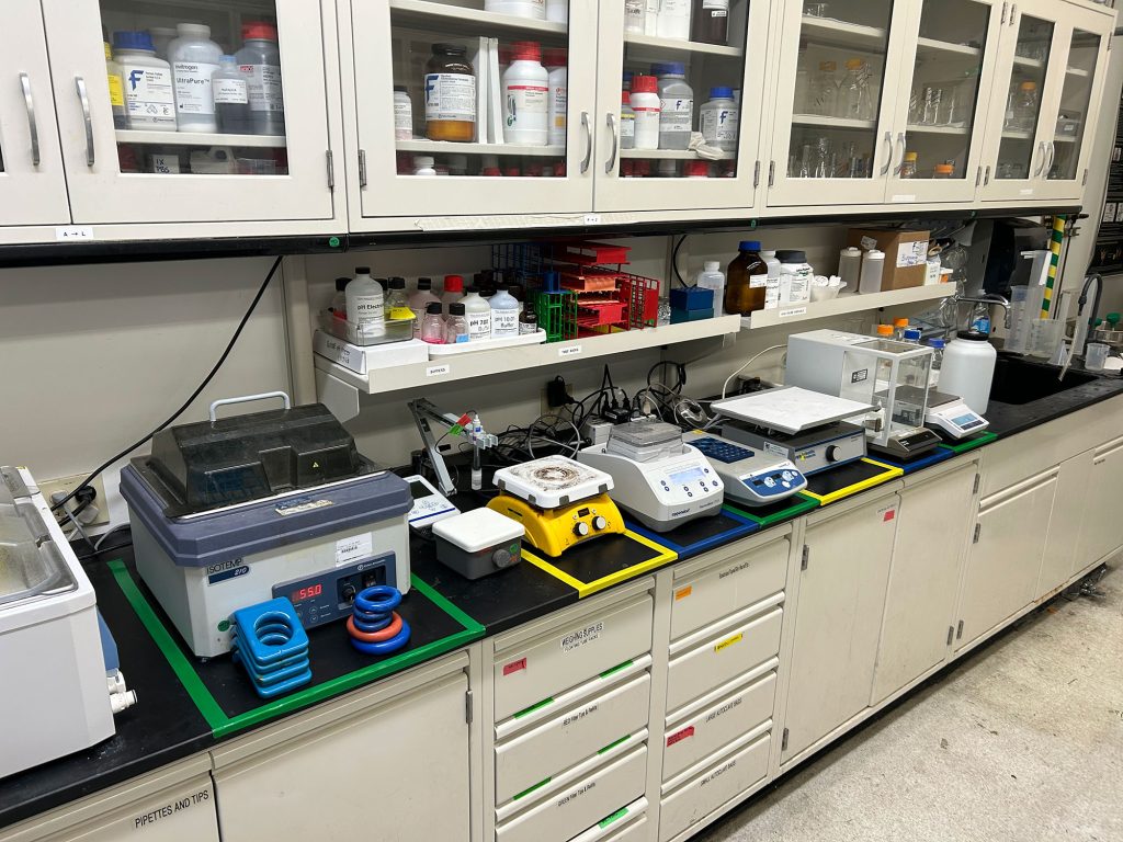 <strong>EVERYTHING HAS A PLACE</strong> — Tape markings now show where equipment and materials should be stored so staff can quickly return the space to its intended setup at the end of each day. (Photo by Duane Marcum)
