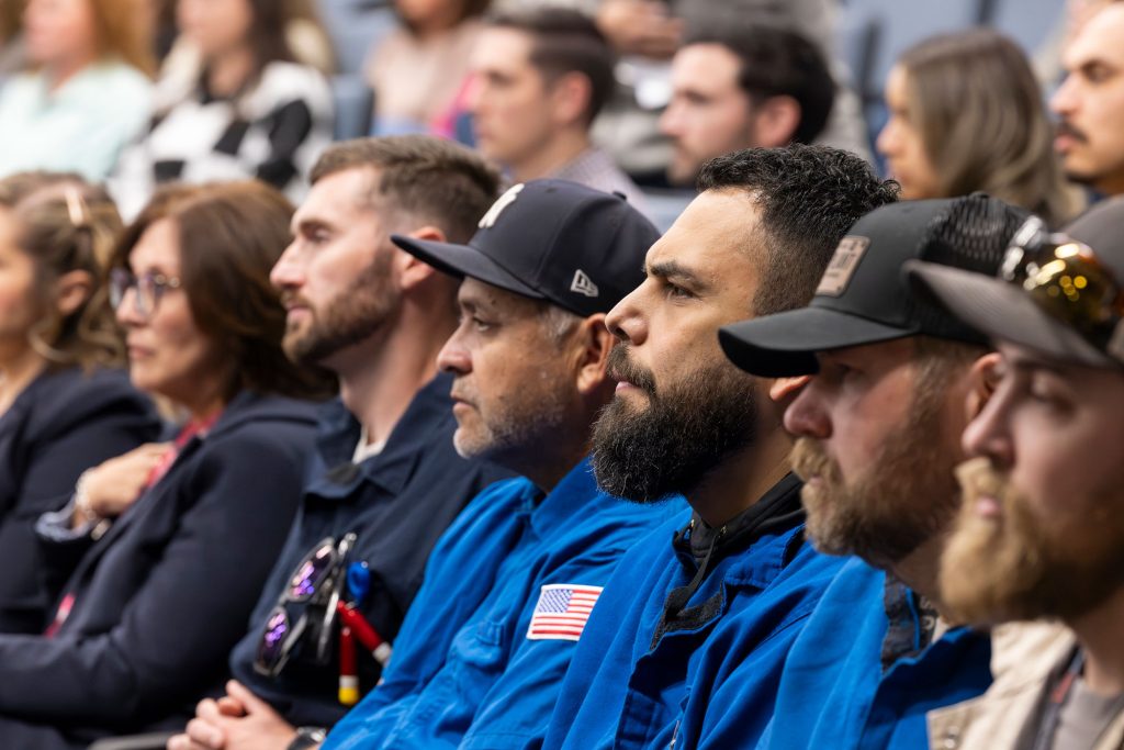 <strong>CELEBRATION</strong> — Employees from the nuclear security enterprise gather at the Pantex Plant in Amarillo, Texas, to celebrate the completion of the first production unit of the W76 Mark 4B reentry body. The first production unit was completed about three months ahead of schedule and improves upon the reliability of Mk4As. (Photo courtesy of Pantex)