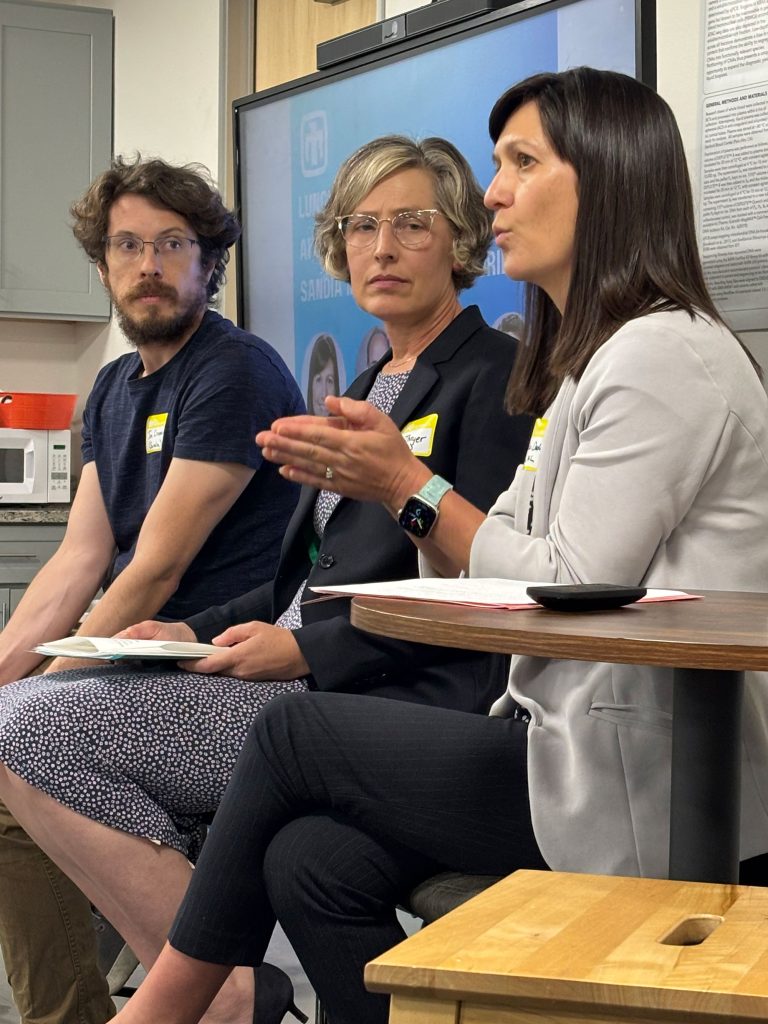 <strong>AI PANEL </strong>— Sandians Jonathan Crussell, Gayle Thayer and Amanda Dodd share their perspectives on AI security with Tri-Valley startups at an event hosted by Daybreak Labs in California. (Photo by Lisa O’Hara)