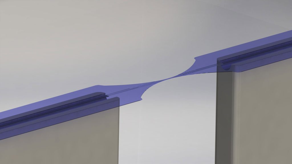 <strong>EVEN THINNER</strong> — Future research at Sandia will involve generating cold atoms at the thinnest part of their newly designed membrane-waveguide and guiding them along the waveguide, shown in this rendering. For a guided atom interferometer, three rapid laser pulses delivered through the waveguide will split, redirect and recombine the guided atoms. (Image by Michael Gehl)