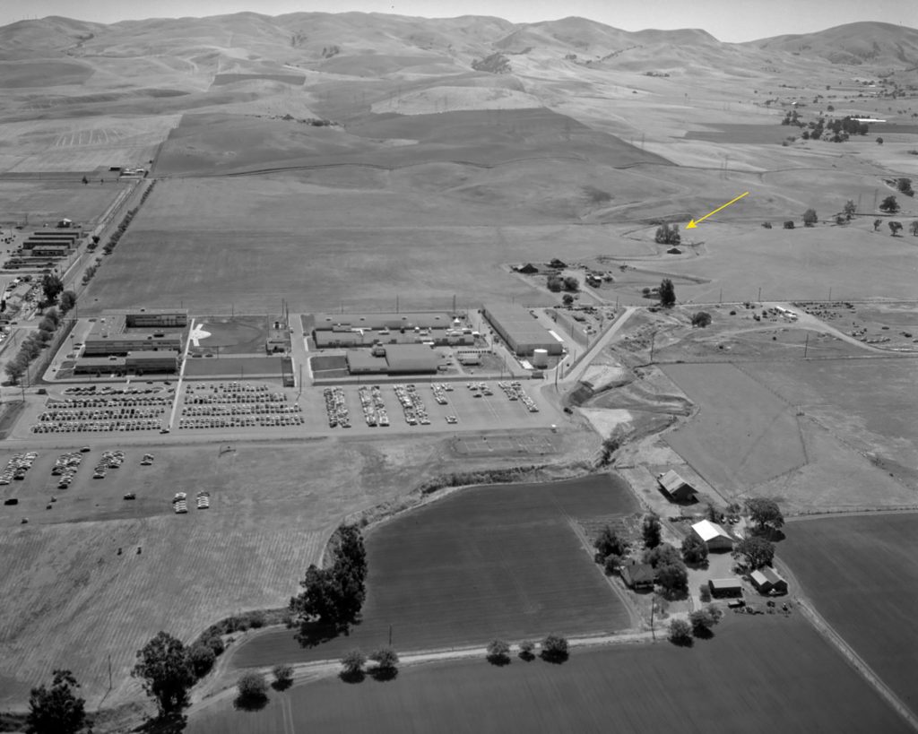 <strong>SANDIA SYCAMORE</strong> — The sycamore tree can be seen in the top right quarter of this 1950s aerial photo. (Photo from Sandia archives)