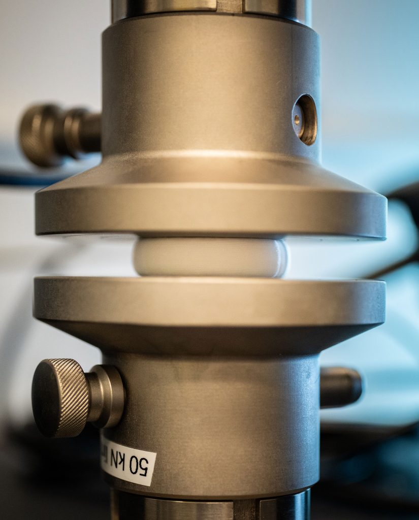 <strong>DESIGN SPRINT </strong>— Mechanical testing of surrogate material is conducted using a load frame. Subject matter experts at the Center for Advanced Manufacturing and Innovation helped manufacture surrogates, making new iterations in 12 hours rather than 12 weeks using low-cost material.