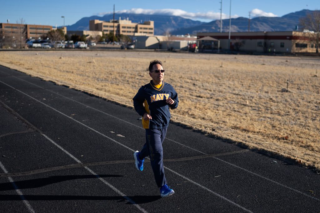 <strong>COMMITMENT</strong> — Brian participates in the Sandia Monthly Mile on a track at Sandia New Mexico. He started his running streak in 2014 as a tribute to his father who died the year before.