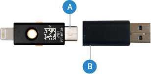 An image showing YubiKey 5ci and USB Type-B male adapter